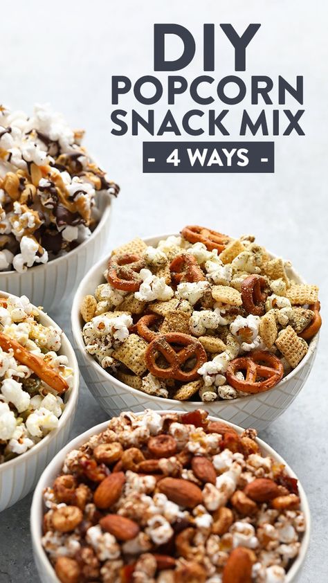 Give your snacking a major makeover with these 4 DIY Easy Popcorn Snack Mixes! They're made with freshly popped popcorn on the stovetop with different healthy add-ins for a flavorful, crunchy snack. Apps, Ideas, Snacks, Popcorn, Healthy Holiday Appetizers, Easy Popcorn, Healthy Popcorn, Diy Healthy Snacks, Popcorn Mix
