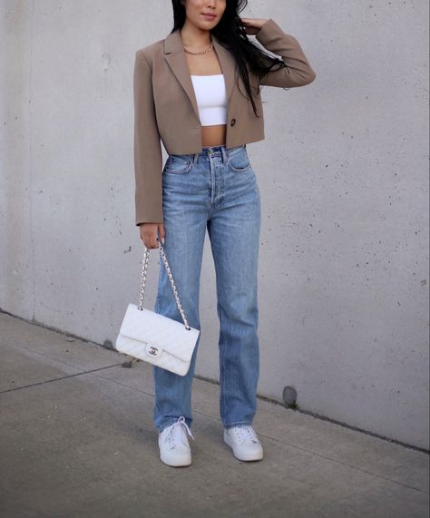 Simple outfit, spring look, spring outfit, spring 2021, trendy spring look, outfit with denim, cropped blazer, neutral outfits, luxury look, chic trendy outift, chamel flap bag Casual, Summer, Crop Top Outfits, Outfits, Spring Outfits Casual, White Crop Top Outfit Casual, White Cropped Shirt Outfit, Daily Outfits, Summer Jacket