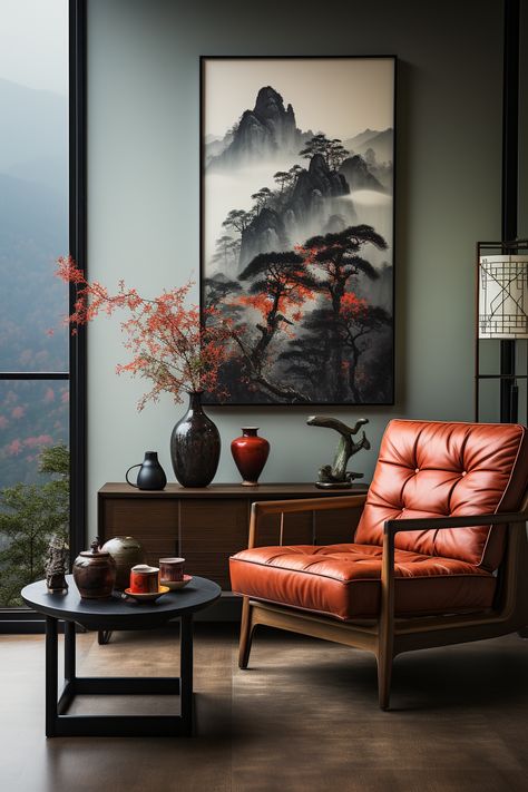 A modern apartment room has a beautiful Chinese painting as decor. This is an AI artwork made with Midjourney. Home Décor, Interior, Modern Japanese Interior, Japanese Inspired Living Room, Modern Chinese Bedroom, Asian Inspired Living Room, Modern Asian Decor, Modern Asian Living Room, Modern Japanese Furniture