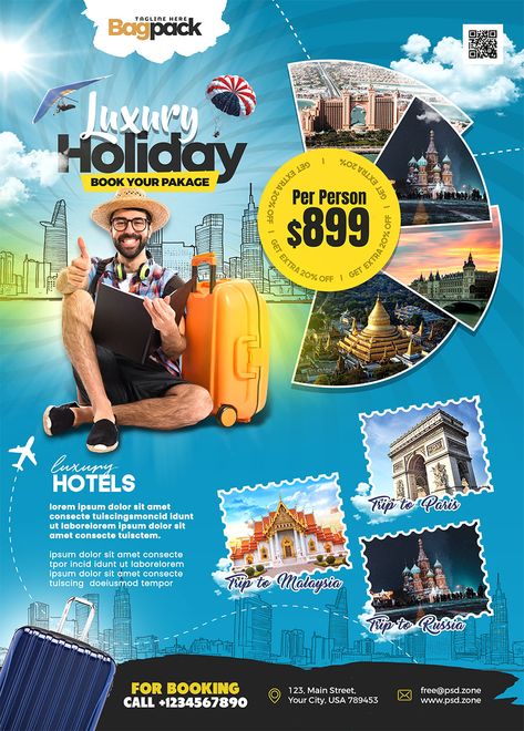 Don’t miss out on the Free Holiday Travel Business Flyer PSD Template! It’s perfect for tour operators and travel agents specializing in day tours, tour packages, vacations, hiking, camping, city tours, and more. You can easily customize this template in Adobe Photoshop. Adobe Photoshop, Tours, Tour Packages, Travel Agent, Travel Advertising, Holiday Flyer, Travel Ads, Travel Brochure, Travel Promos