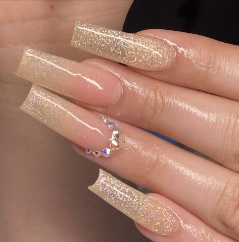 Acrylics, Sparkly Acrylic Nails, Gold Coffin Nails, Glittery Nails, Gold Nails Prom, Nails With Gold, Bling Acrylic Nails, Gold Glitter Nails, Gold Nail Designs