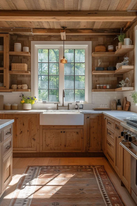 40 Rustic Farmhouse Kitchen Ideas for a Warm Home Home, Rustic Kitchen Cabinets, Farmhouse Kitchen Design, Rustic Kitchen Design, Log Cabin Kitchens, Kitchen Rustic, Farm Kitchen Ideas, Log Home Kitchens, Homestead Kitchen
