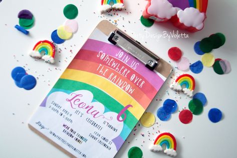 Rainbow theme party for Leona turning 6! Somewhere over the rainbow dreams come true... Invitations, Birthday, Design, Rainbow Theme Party, Rainbow Invitations, Rainbow Theme, Printable Party, Party Themes, Party