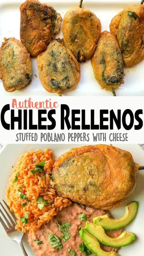 Craving Authentic Mexican food? Try these Chiles Rellenos! Charred Poblano Peppers that are stuffed with a blend of cheeses, then fried in egg batter until golden brown! Makes a perfect budget-friendly, meatless weeknight dinner! Click ?for the full detailed recipe, video, and step-by-step photo guide! ??#mexicanfoodrecipes #vegetarian #recipes #ketorecipes #chiles #keto Sandwiches, Stuffed Chili Relleno Recipe, Stuffed Poblano Peppers, Chili Relleno, Chili Relleno Recipe Authentic, Chile Relleno Recipe, Taco Tuesday, Chiles Rellenos Recipe, Authentic Chile Relleno Recipe