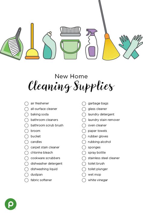 Moving into a new house? Stop by Publix with this handy cleaning supply checklist to stock up on items to keep your new home spotless. Click through to print your checklist, and stroll down the cleaning supply aisles on your next grocery trip to pick up everything you need in one stop. #cleaningchecklist Cleaning Tips, Organisation, Cleaning Supply List, Cleaning Checklist, Cleaning Kit, House Cleaner Checklist, Household Items Checklist, Cleaning Hacks, Whole House Cleaning Checklist