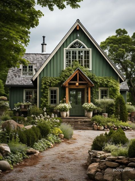 Elevate Your Home Style: Transformative Green Farmhouse Exterior Ideas - Puqqu Inspiration, Exterior, Interior, Decoration, Green Farmhouse Exterior, Cottage Exterior Colors, Farmhouse Exterior, Brick Cottage Exterior, Green House Exterior