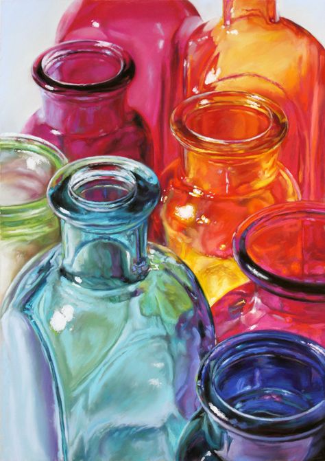 I'm particularly fond of "shiny things" and enjoy painting the surprising reflections in glass and metal. Painting Still Life, Painting On Glass Bottles, Still Life Art, Oil Pastel Paintings, Still Life Drawing, Oil Pastel, Painting Inspiration, Artsy, Reflection Art