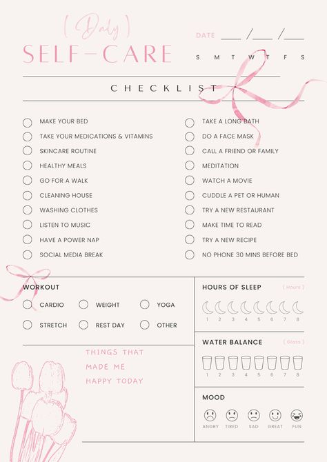In this daily self-care checklist, you can check off daily tasks like making your bed. Note down the date of the day, hours of sleep, water balance, workout for the day, and your mood! 🩰💌 Glow, Ideas, Self Care Routine, Self Care Activities, Self Care, Self Care Bullet Journal, Self Improvement Tips, Self Improvement, Daily Routine Planner