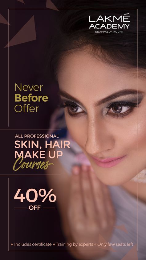 Don't miss out on this amazing opportunity to learn from the best in the business. Lakme academy Edappally is offering 40% off all skin, hair, and makeup professional courses. Sign up today! Make Up, Professional Makeup, Makeup Course, Professional, Makeup Academy, Business, Opportunity, Makeup, Academy
