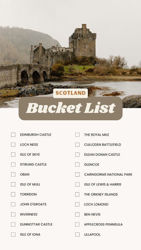 Are you traveling to Scotland soon? This Scotland bucket list covers all the must-see locations for your trip to the Scottish Highlands. Print it out and use for itinerary travel planning! Visit Scotland Travel Guide I Scotland Itinerary | Printable Scotland Travel Guide | Scotland travel tips | Isle of Skye what to do | Scottish Isles | Scottish Highlands travel | Isle of Skye Road Trip | Scotland Road Trip England, Ideas, Fernweh, Dream, Voyage, Trip, Someday, Uk Trip, Uk Travel