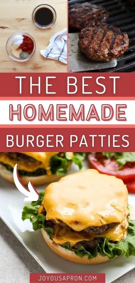 This is the best homemade burger patties recipe! These juicy beef patties are perfectly seasoned with smoked paprika, garlic powder, black pepper, salt, and Worcestershire sauce and then grilled to perfection. Add whatever toppings you like, and omit whatever you don’t want. This is the ultimate classic beef burger recipe! Ideas, Sandwiches, Pizzas, Homemade Burger Patties, Homemade Burger Recipe, Best Homemade Burgers, Homemade Hamburger Patties, Best Burger Patty Recipe, Burger Recipes Seasoning