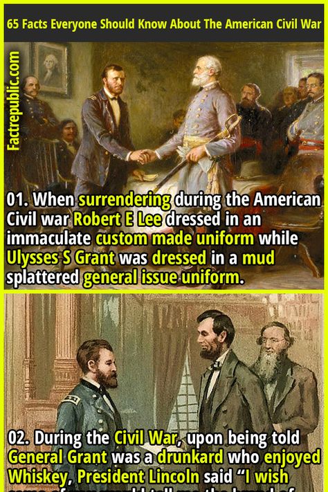 01. When surrendering during the American Civil war Robert E Lee dressed in an immaculate custom made uniform while Ulysses S Grant was dressed in a mud splattered general issue uniform. #history #civilwar #battle #america #unitedstates #usa #military Us History, Tattoos, War, History, Art, Ideas, General Robert E Lee, American Uniform, General Lee