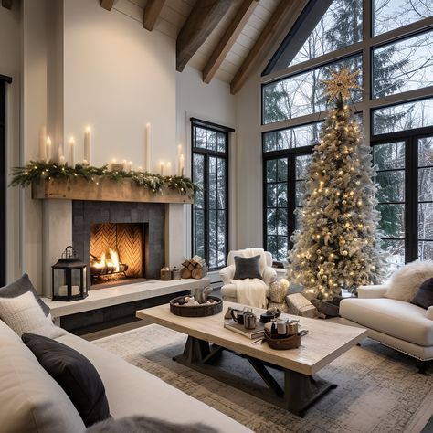 Cool Fireplaces Ideas, Dream Great Room, Outside Of House Christmas Decor, Granit Fireplace Ideas, Peak Windows Living Rooms, Different Living Room Styles Modern, Beautiful Mantle Decor, Chunky Wood Fireplace Mantle, Concrete And Stone Fireplace