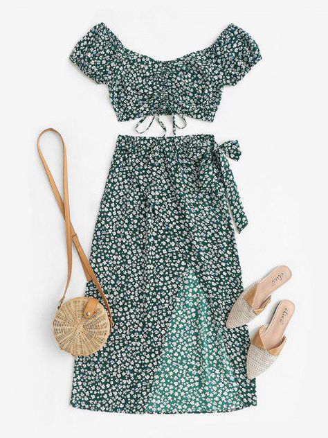 ZAFUL Cinched Tiny Floral Top And Wrap Maxi Skirt Set - Green S Clothes, Tops, Floral Tops, Kleding, Vetements, Ladies Design, Cute Outfits, Print Dress, Women