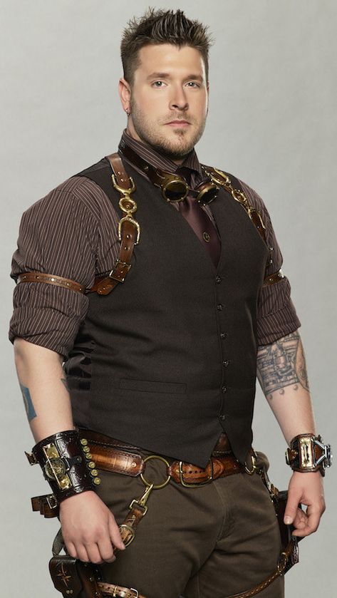 Get creative with accessories: harnesses, belts, holsters, and, of course, a big ass wrench. Cosplay, Steampunk, Steampunk Clothing, Belts, Steampunk Men Clothing, Steampunk Fashion Men, Steampunk Outfit Male, Steampunk Fashion Male, Steampunk Costume