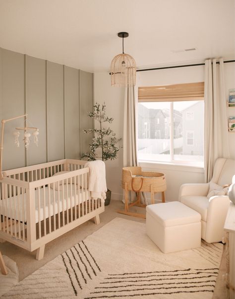 Natural Wood On Walls, Colored Accent Chairs For Living Room, Nursery Wood Floors, Shelving Around Top Of Room, Comfy Nursery Ideas, Babyletto Washed Natural Crib, Above Nursery Crib Decor, Coastal Nursery Paint Colors, Extra Wall Decor Ideas