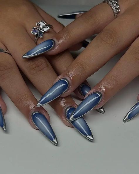 2024 Spring Nails Chrome & Trendy Designs | Hailey Bieber Inspired Nail Ideas Design, Blue Nail, Silver Nail, Bling Acrylic Nails, Studded Nails, Blue And Silver Nails, Nail Inspo, Nails Inspiration, Nail Piercing
