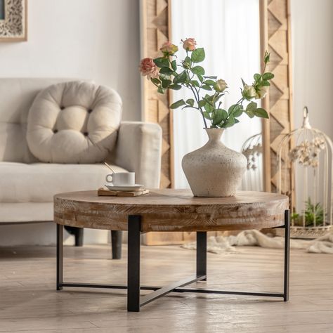 Feature: High-quality materials: This round coffee table is made of high-quality fir wood on the top and sides, while the back of the table is made of high-quality MDF.The round coffee table has a solid metal iron frame, which is durable and solid, and… Fox, Snacks, Round Wood Coffee Table, Solid Wood Coffee Table, Coffee Table Wood, Round Coffee Table, Wood Table Top, Coffee Table Wayfair, Wood Table