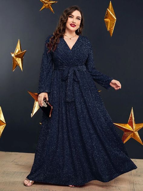 Plus Overlap Collar Belted Glitter Dress | SHEIN USA Plus Size Dresses, Navy Plus Size Dresses, Long Sleeve Maxi Dress, Plus Size Gowns With Sleeves, Plus Size Gowns, Gowns With Sleeves, Long Summer Dresses Maxi, Plus Size Evening Gown, Evening Dresses Plus Size
