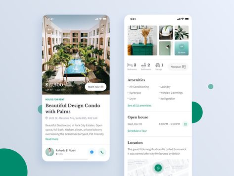 Nice design - bottom sticky contact card - "room tour" and "floor plan" button (icon could be animated) Interior, Design, Ios App, Ios App Design, Ux Design, Software, Mobile App Ui, Mobile Application Design, Mobile App Design