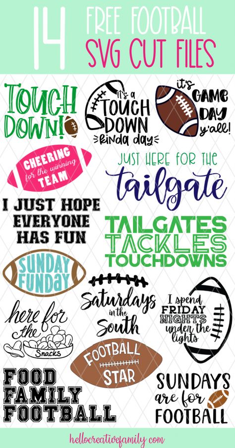 Whether you are into high school football, the NFL, CFL or only tune in for the Super Bowl, you are going to love these 14 free Football SVGs! Perfect for making shirts for game day using your Cricut or Silhouette! #CricutMaker #CricutMade #CricutCreated #Silhouette #SilhouetteCameo #Football #CutFiles #SVGFiles #FootballCrafts #Superbowl #HighSchoolFootball Design, Sports, American Football, Cutting Files, Game Day Shirts, Football Shirt Designs, Football Crafts, Free Football, School Football