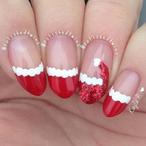 Cute Red French Manicure with Santa's Hat #Christmas #nails #trendypins Nail Art Designs, Rose Gold, Holiday Nails, Christmas Nail Art Designs, Christmas Nail Designs, Uñas, Christmas Nail Art, Uñas Decoradas, Holiday Nail Art