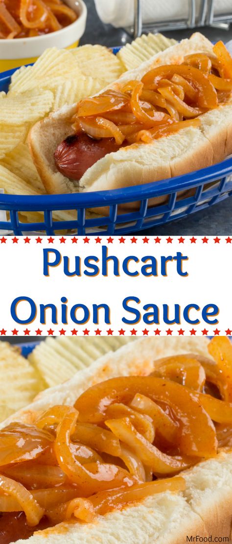 Pushcart Onion Sauce is an easy version of the traditional topping that's served up at New York City hot dog stands. Take your taste buds to the Big Apple with the very first bite! We love our Pushcart Onion Sauce recipe because it's that all-American hot dog cart flavor from the comfort of home. You'll love it too, especially when it upgrades any cookout menu in a matter of seconds! Sandwiches, Salsa, Sauces, Hot Dog Cart, Hot Dog Stand, Hot Dog Toppings, Hot Dog Sauce Recipe, Hot Dog Sauce, Hot Dog Onion Sauce Recipe