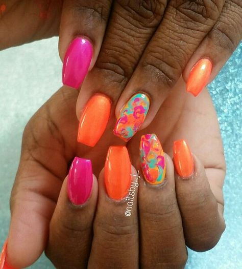 Pink orange turquoise Design, Pink, Turquoise Nails, Coral Nails, Neon Coral Nails, Teal Nails, Turquoise Nail Designs, Pink Ombre Nails, Bright Summer Nails Designs