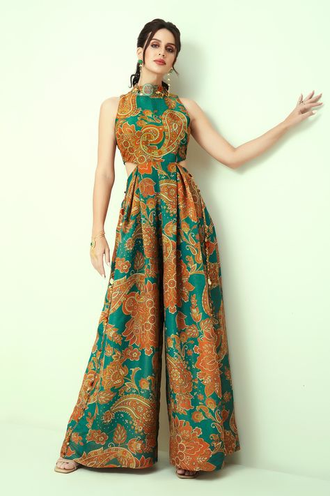 Shop for Taavare Blue Tissue Organza Floral And Paisley Print Jumpsuit for Women Online at Aza Fashions Organza Dress, Floral Print Jumpsuit, Dress Indian Style, Designer Dresses Indian, Traditional Dresses, High Neck Jumpsuit, Designer Dresses Casual, Indian Fashion Dresses, Traditional Indian Dress