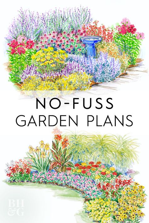 You won't have to worry about dragging the hose to water this garden during the summer. This easy-to-care-for garden plan is stocked with heat- and drought-tolerant plants such as sedum, feather reedgrass, and euphorbia. #gardenplans #gardenplanslayout #gardenlayout #project #printablegardenplan #landscape #bhg Outdoor, Back Garden Landscaping, Exterior, Gardening, Garden Planting Layout, Backyard Landscaping, Garden Landscaping, Easy Backyard Landscaping, Landscaping Plants