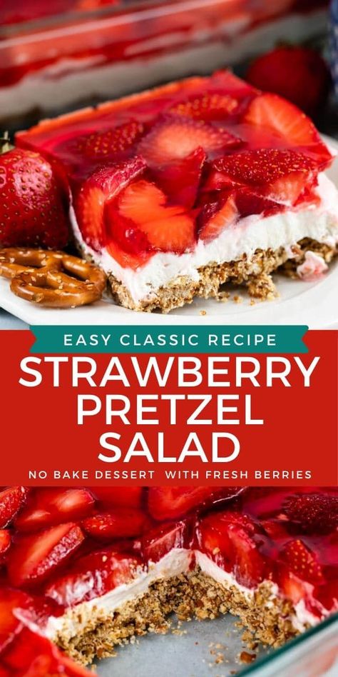 This Classic Strawberry Pretzel Salad is a no bake cheesecake with fresh strawberries covered in jello. Did I mention the pretzel crust? It’s an easy recipe and perfect for summer get togethers! Fruit Salad, Dessert, Appetisers, Pie, Desserts, Cake, Snacks, Pretzel, Summer Desserts