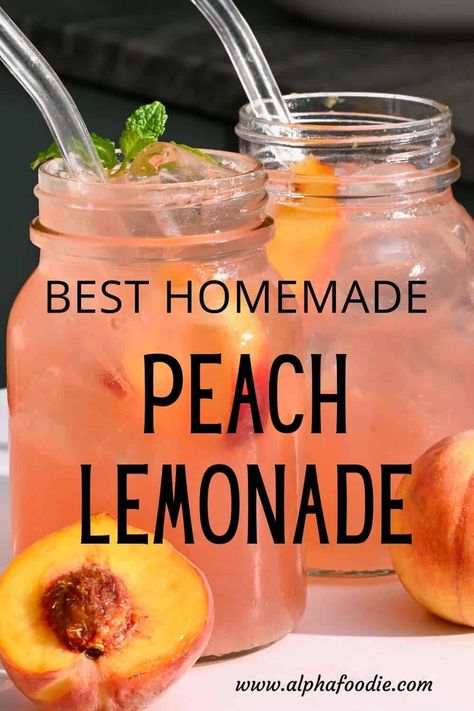 This fun, fruity, and refreshing peach lemonade recipe is perfect for serving to family and friends at home, BBQs, potlucks, and picnics. Serve over ice with water, soda water, or even alcohol for a delicious summer sipper! Snacks, Desserts, Healthy Recipes, Smoothies, Dessert, Foodies, Homemade Lemonade, Summer Lemonade Recipes, Homemade Summer Drinks