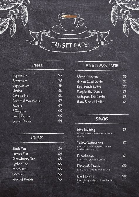 Dark Rustic Chalkboard Texture Cafe Menu - Templates by Canva Coffee, Coffee Drinks, Coffee Menu, Coffee Drink Recipes, Latte Flavors, Drink Menu, Cafe, Coffee Shop Menu, Cafe Menu