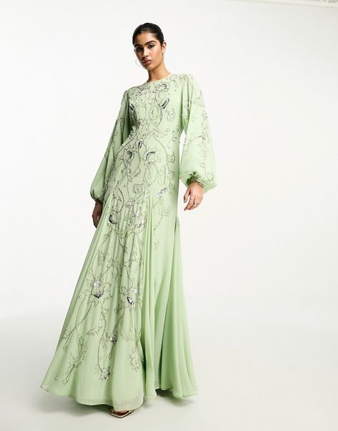 Dresses by ASOS DESIGN More is more Round neck Balloon sleeves Bead and sequin embellished Regular fit Dresses, Hijabs, Dress Details, Robe, Embellished Maxi Dress, Maxi Gowns, Womens Dresses, Maxi Dress, Long Green Maxi Dress