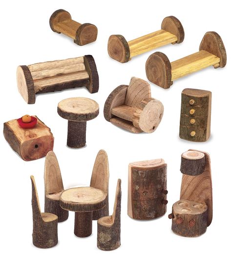 Our rustic 15-Piece Tree Blocks™ Furniture Set is the perfect accompaniment to our wooden Tree Fort (827240, sold separately). Made from the salvaged branches of clear-cut hazel and alder, each piece is lightly sanded and finished with nontoxic linseed oil. Between 1-4"H, these adorable wooden pieces are the perfect fit for our Woodland Friends Dolls (825493, sold separately). Set includes: seven kitchen pieces (stove, icebox, table and four chairs), four living room pieces (cou Maluchy Montessori, Toy Trees, Fairy Tree Houses, Tree House Diy, Fairy Garden Furniture, Fairy House Diy, Fairy Garden Crafts, Fairy Garden Designs, Fairy Furniture
