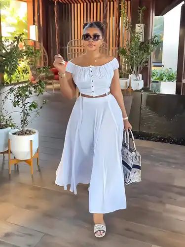 Casual Solid Two piece Set Shoulder Button Front Crop Top - Temu Crop Tops, Outfits, Tops, Off Shoulder Fashion, Two Piece Skirt Set, Plus Size Two Piece Outfit, Two Piece Skirt Set Classy, Long Skirt Outfits, Elegant Plus Size Outfits