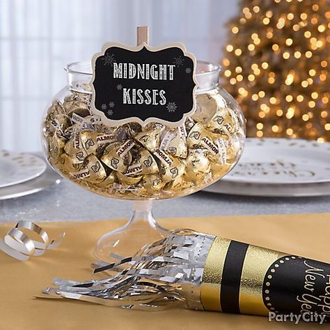 Shop Milk Chocolate Almond Hershey's Kisses 115ct, CLEAR Plastic Pedestal Bowl, Scroll Chalkboard Label Clips 8ct, Black & Gold Fringe Happy New Year Party Horn and more Tables, Decoration, Halloween, Prom, New Years Eve Party Ideas Decorations, New Years Eve Party Ideas Food, New Years Party Themes, New Years Eve Party, New Years Eve House Party