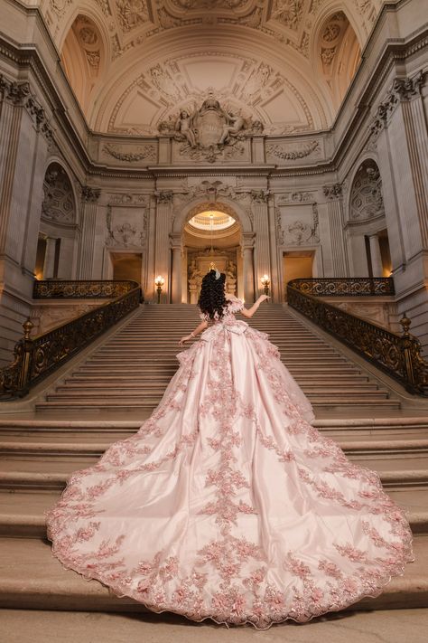 Stunning train of quinceanera's pink princess dress for San Francisco City Hall pre-event session captured by wedding and portrait photographer based in Sacramento CA Blush Quinceanera Dress, 15 Quinceanera Dresses, Pastel Pink Quinceanera Dresses, Pink Quinceanera Dresses Rose Gold, 15 Dresses Quinceanera Pink, Pastel Quinceanera Dresses, Quinceanera Pink Theme, Quinceanera Pink Dresses, Light Pink Quince Dresses