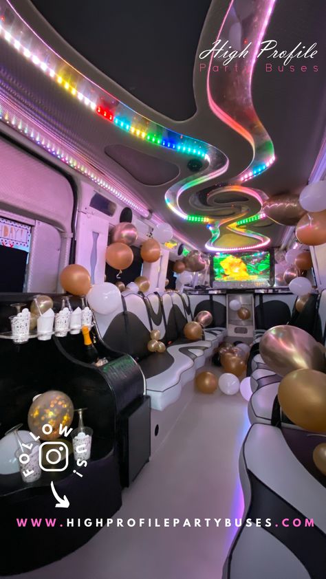 Interior view of a mercedes sprinter party bus with LED lights set on multiple colours and the bus dressed with gold and white balloon decorations Prom, Special Occasion, Party Bus Rental, Party Bus, Party Bus Birthday, Movie Night Party, Party Venues, Party Bus Ideas Decoration, Vegas Party