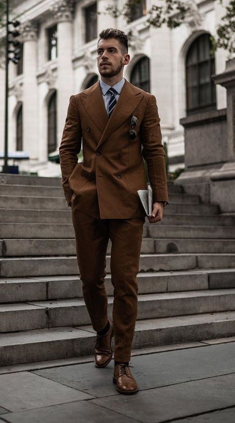 Brown Double Breasted Suit Outfits for March Men's Suits, Suits, Casual, Brown Suits For Men, Double Breasted Suit Men, Mens Fashion Suits, Double Breasted Suit Jacket, Suit Overcoat, Suit And Tie