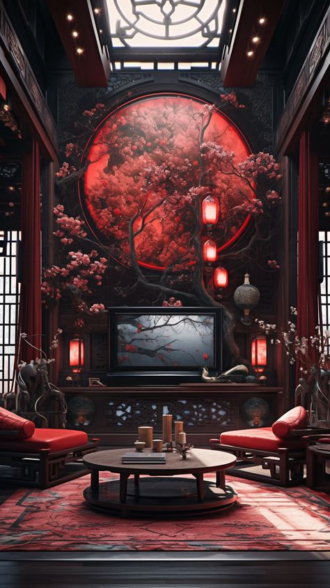 A modern living room with traditional Chinese home interior design. This is an AI artwork made with Midjourney. Modern Living, Design, Architecture, Interior, Inspiration, Modern Chinese Interior Design, Modern Chinese Interior, Modern Chinese Home, Modern Asian Interior Design