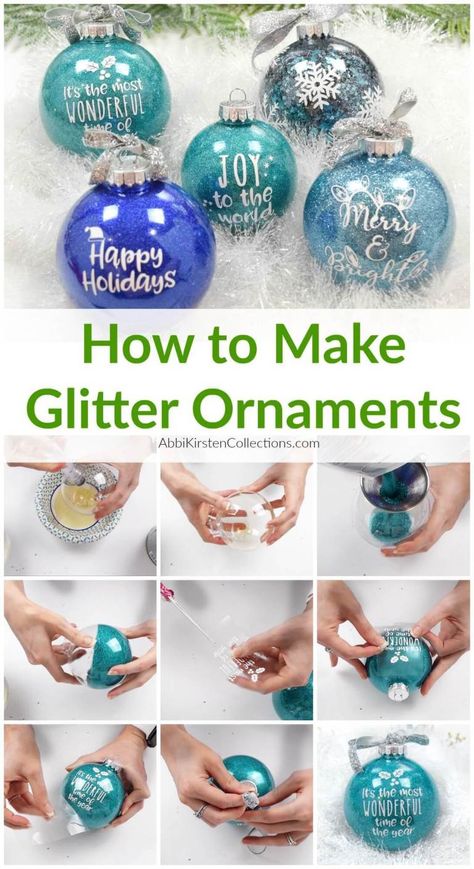 DIY Glitter Ornaments: How to make easy custom Christmas ornaments with vinyl. Free Christmas word SVG cut files and how to put vinyl on a curved surface! Diy, Christmas Ball Ornaments Diy, Diy Christmas Ornaments, Christmas Ornament Crafts, Christmas Ornaments To Make, Christmas Ornaments Homemade, Clear Christmas Ornaments, Diy Christmas Gifts, Christmas Crafts Diy