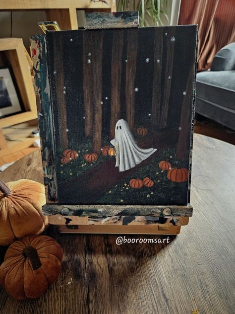 Spooky Ghost forest painting, Halloween, pumpkins, Home Décor, Halloween, Halloween Art, Crafts, Halloween Painting, Halloween Canvas, Halloween Designs, Halloween Art Projects, Halloween Canvas Paintings