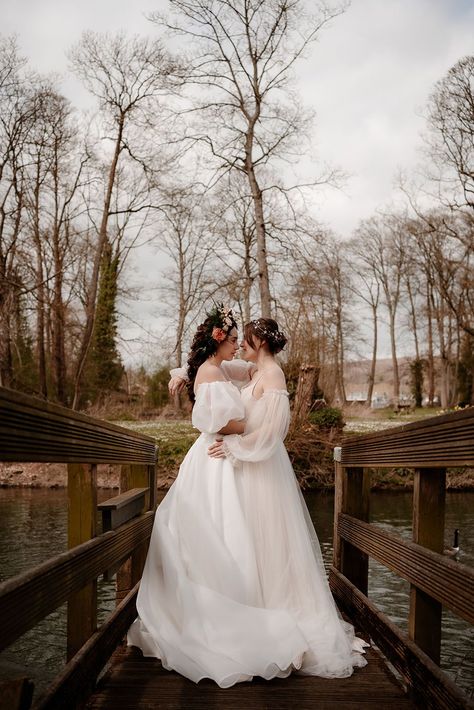 Two brides on the bridge at Mapledurham in ethereal wedding dresses with flower crown and hair vine bridal accessories Wedding Dress, Wedding Photos, Festival Wedding, Wedding Walk, Ethereal Wedding Dress, Lesbian Wedding Photos, Queer Weddings, Two Brides, Lesbian Wedding Dresses