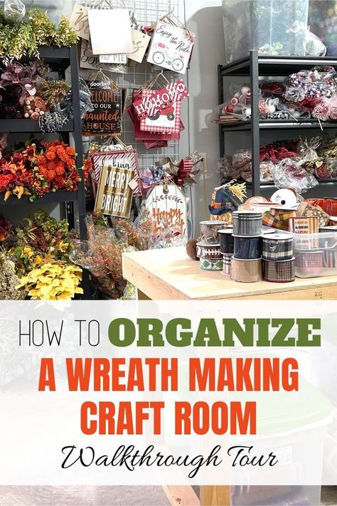image of shelves and racks and a table full of artificial plants ribbons signs. Wreath Storage, Wreath Maker, Diy Home Decor Projects, Wreath Making Business, Wreath Supplies, Craft Shed, Craft Room Organization Diy, Wreath Making Supplies, Craft Room Office