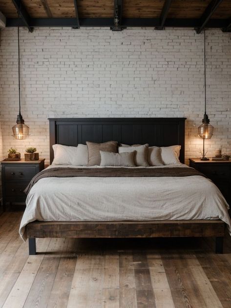 Create an industrial chic bedroom by incorporating a metal bed frame and exposed brick wallsAdd vintage Edison bulbs as bedside lamps and incorporate rustic wooden furniture for a trendy and edgy feel. Industrial, Industrial Chic, Industrial Bedroom Decor, Industrial Bed Frame, Industrial Headboard, Industrial Decor Bedroom, Bedroom Industrial Chic, Industrial Style Bedroom, Industrial Bed