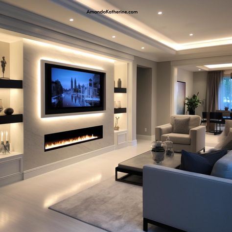 31 Stunning Fireplace Wall Ideas with a TV for your Living Room - Amanda Katherine Tv With Fireplace, Tv Fireplace Wall Ideas Built Ins, Fireplace Tv Wall, Tv Over Fireplace, Modern Tv Wall Units, Luxury Tv Wall, Tv In Living Room, Tv Feature Wall, Tv Entertainment Wall