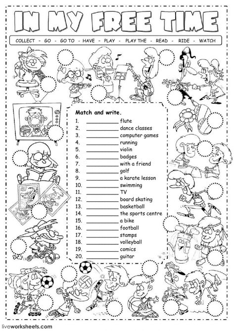 Free time activities interactive and downloadable worksheet. You can do the exercises online or download the worksheet as pdf. Worksheets, English As A Second Language, Vocabulary Worksheets, Learn English, Esl, Kindergarten Vocabulary, Teaching English, English Worksheets For Kids, English Vocabulary