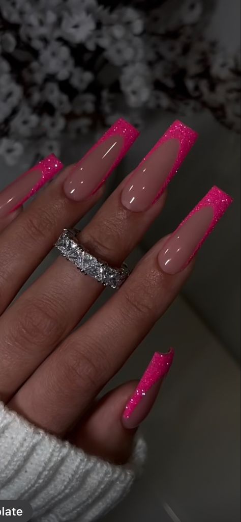 Acrylics, Glitter French Tips, Sparkly French Tips, Pink Glitter Nails, Pink Tip Nails, Pink Sparkle Nails, Glitter French Manicure, Sparkly Acrylic Nails, Pink Sparkly Nails