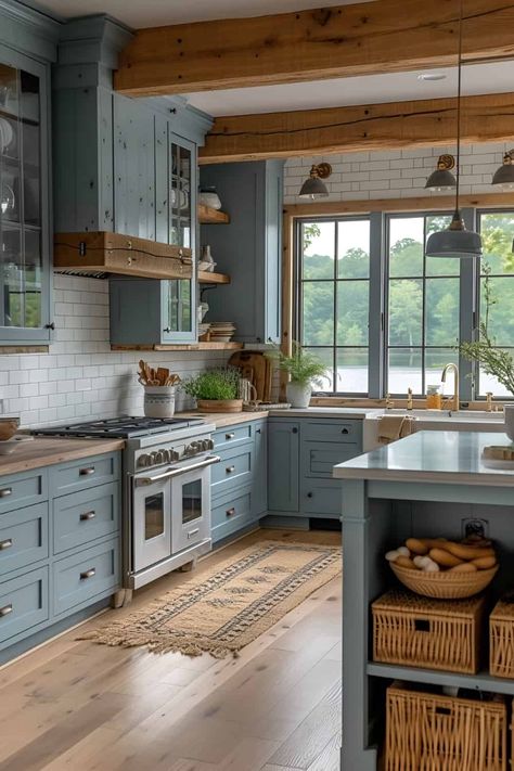 16 Breathtaking Kitchen Cabinet Designs for Coastal Living Kitchen Renovations, Kitchen With Blue Cabinets, Tall Kitchen Cabinets, Kitchen Redo, Kitchen Ideas Light Wood Cabinets, Blue Shaker Kitchen, Natural Wood Kitchen Cabinets, Coastal Kitchen Design, Natural Wood Cabinets Kitchen